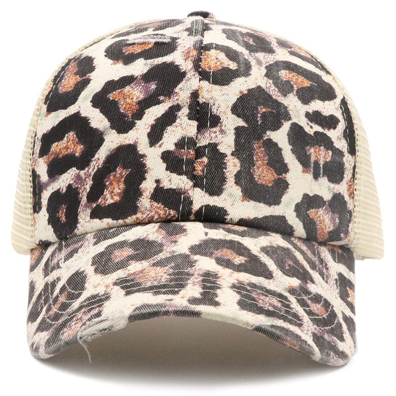 ProMindFun Womens Ponytail High Messy Bun Hats Distressed Baseball Caps Unconstructed Washed Dad Hat Girls Trucker Ponycaps (10-Brown Leopard) - Image 3